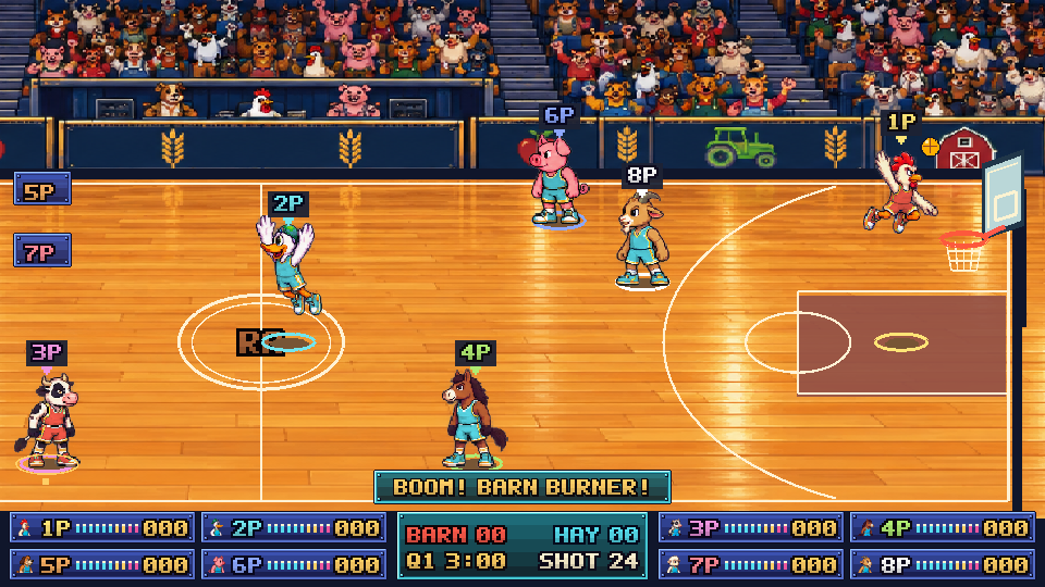 Eight barnyard animals playing pixel-art basketball as a chicken dunks.